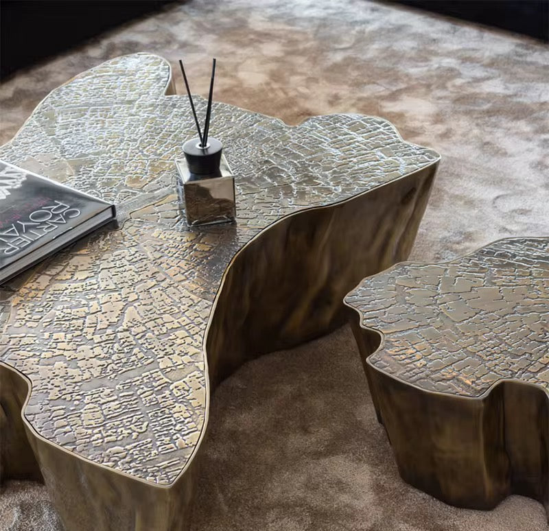 Golden Tree Stump Coffee Table - Adjustable Contemporary Glass & Stainless Steel