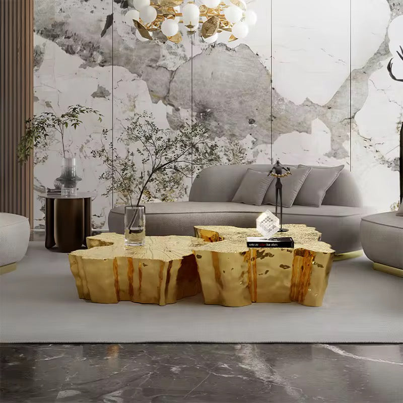 Golden Tree Stump Coffee Table - Adjustable Contemporary Glass & Stainless Steel