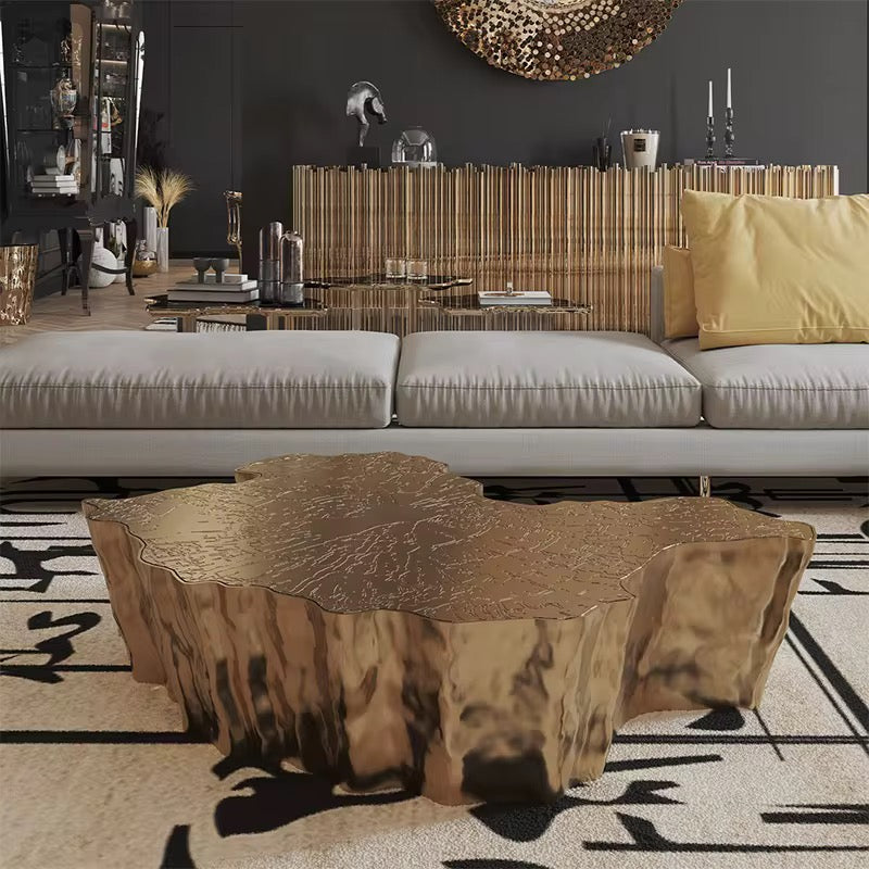 Golden Tree Stump Coffee Table - Adjustable Contemporary Glass & Stainless Steel