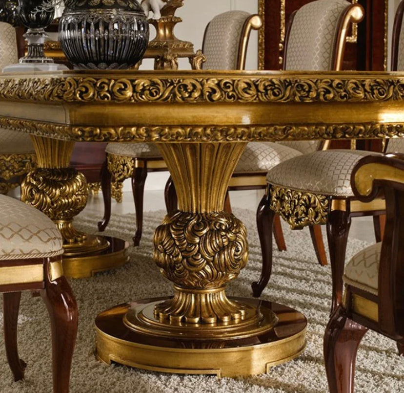 Baroque Design Luxury Dining Table Set - French Antique Solid Wood Furniture