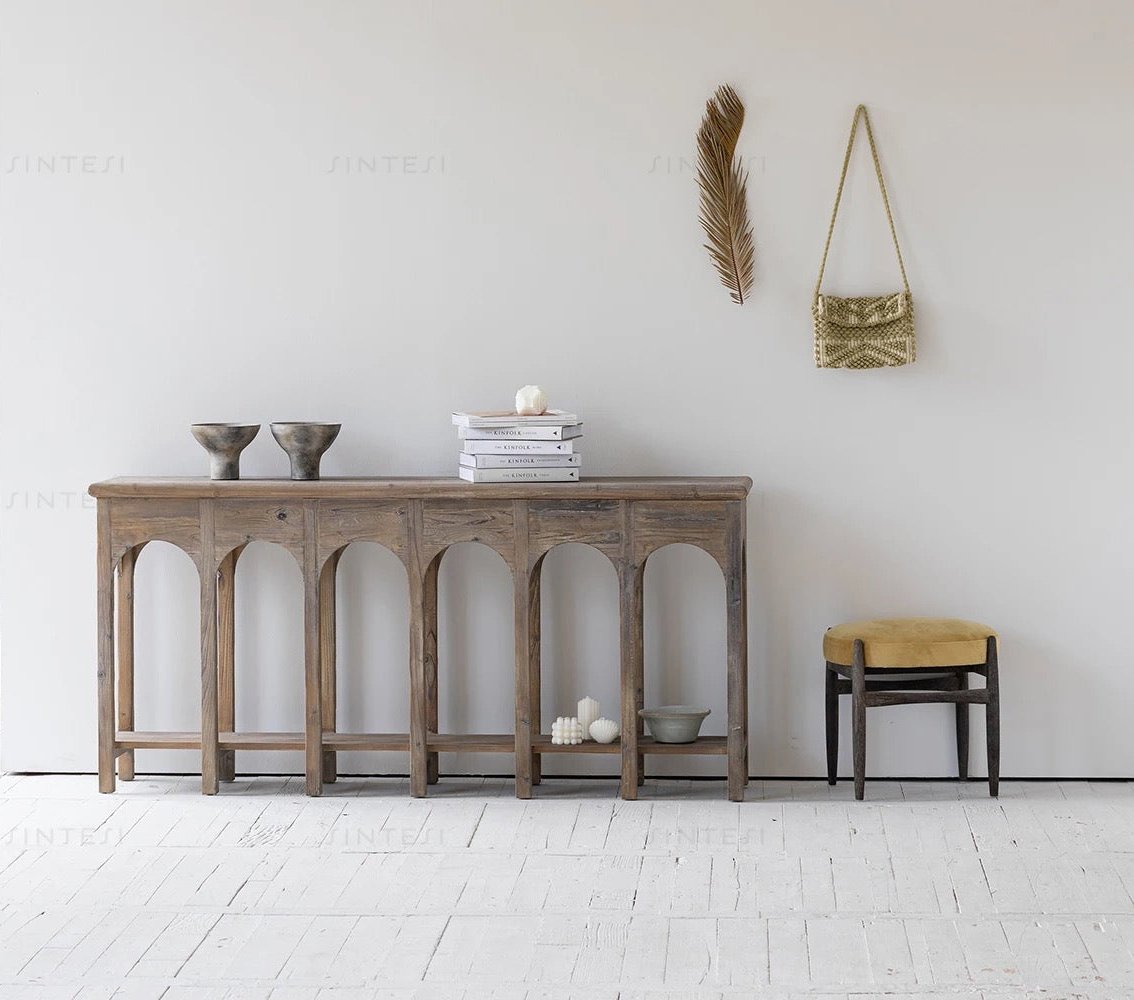 Sintesi French Style Arc Deco Console Table - Vintage Pine Hallway Accent Table