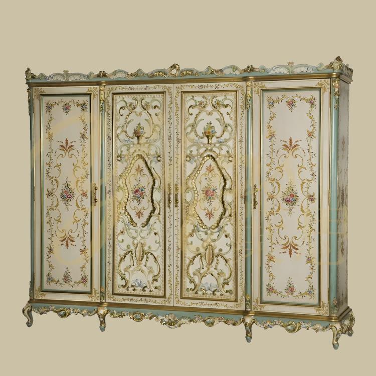 French Rose Series Handpainted Rose Pattern Bedroom Set Furniture Classical 4-Door Wardrobe, Bed Set, Chest of Drawers