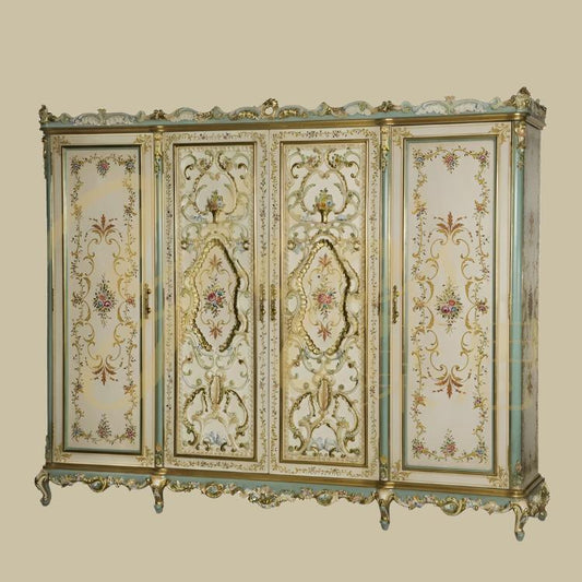 French Rose Series Handpainted Rose Pattern Bedroom Set Furniture Classical 4-Door Wardrobe, Bed Set,  Chest of Drawers