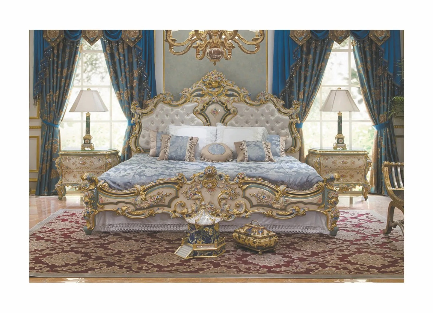 French Rose Series Handpainted Rose Pattern Bedroom Set Furniture Classical 4-Door Wardrobe, Bed Set, Chest of Drawers