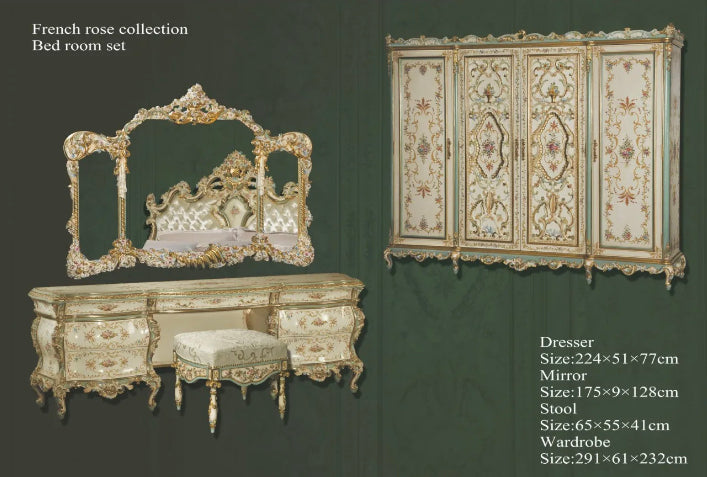 French Rose Series Handpainted Rose Pattern Bedroom Set Furniture Classical 4-Door Wardrobe, Bed Set, Chest of Drawers