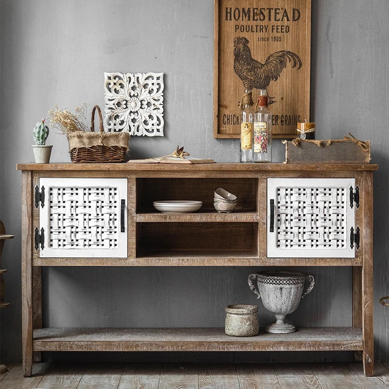 Retro Farmhouse Shabby Chic Console Table - Carved Wood Accent Cabinet