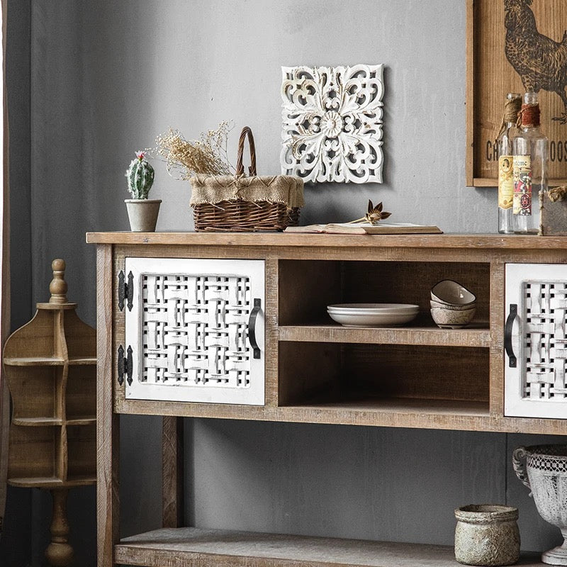 Retro Farmhouse Shabby Chic Console Table - Carved Wood Accent Cabinet