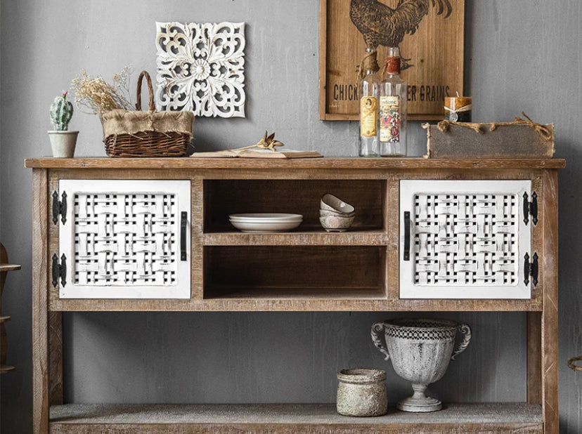 Retro Farmhouse Shabby Chic Console Table - Carved Wood Accent Cabinet