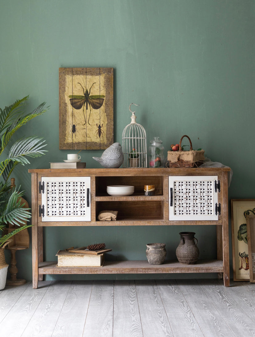 Retro Farmhouse Shabby Chic Console Table - Carved Wood Accent Cabinet
