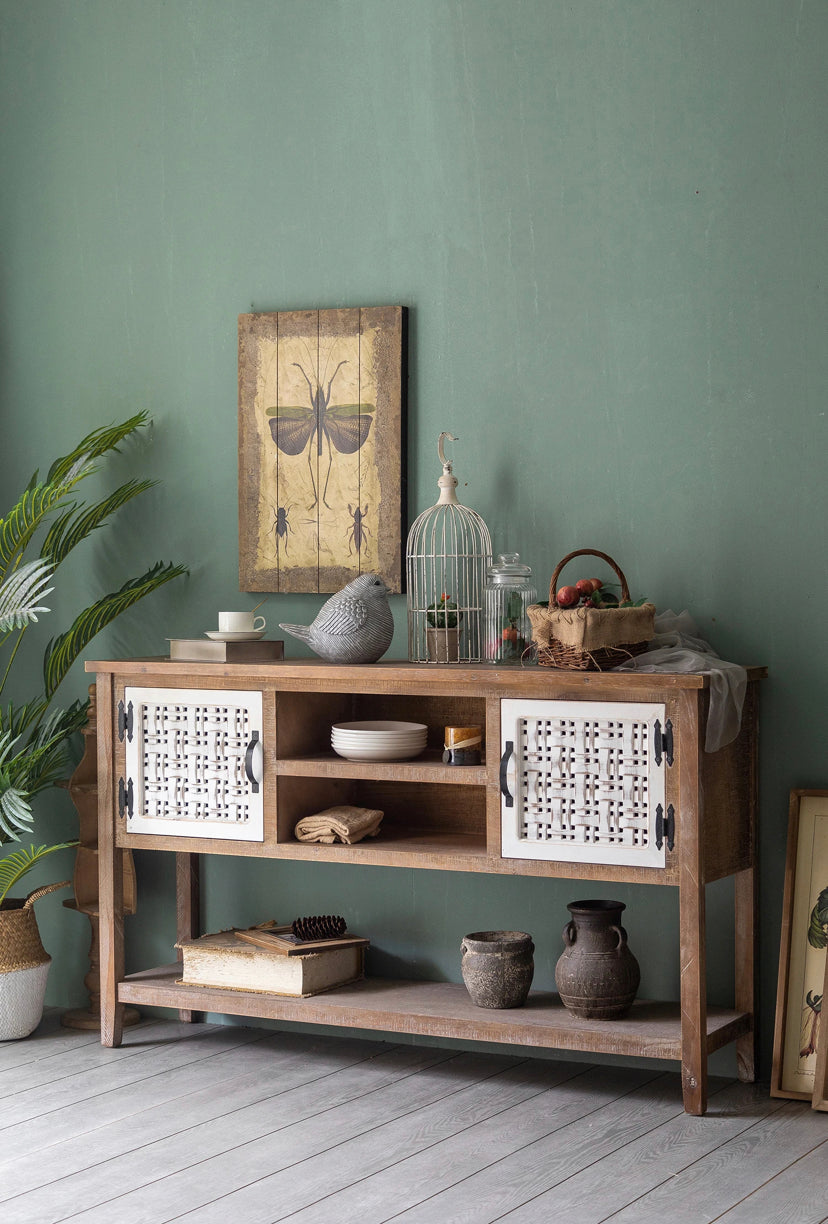 Retro Farmhouse Shabby Chic Console Table - Carved Wood Accent Cabinet