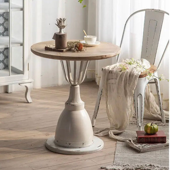 Industrial Wrought Iron & Ash Tea Table - Adjustable Round Accent Table