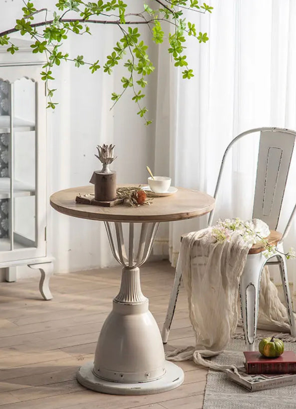 Industrial Wrought Iron & Ash Tea Table - Adjustable Round Accent Table