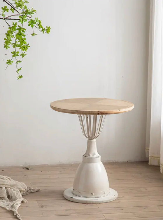 Industrial Wrought Iron & Ash Tea Table - Adjustable Round Accent Table