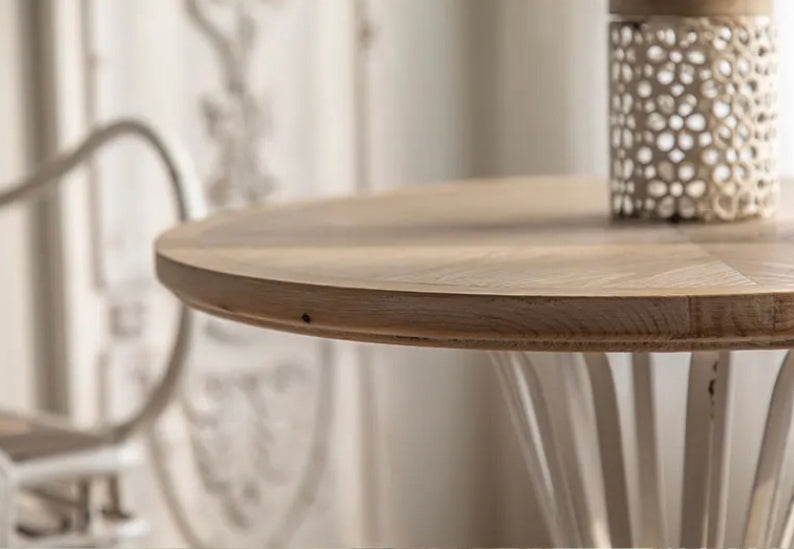 Industrial Wrought Iron & Ash Tea Table - Adjustable Round Accent Table