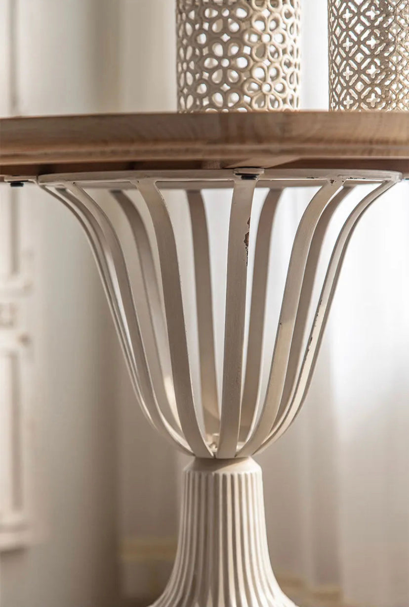 Industrial Wrought Iron & Ash Tea Table - Adjustable Round Accent Table