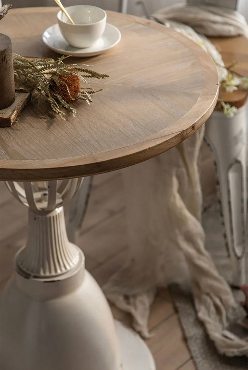 Industrial Wrought Iron & Ash Tea Table - Adjustable Round Accent Table