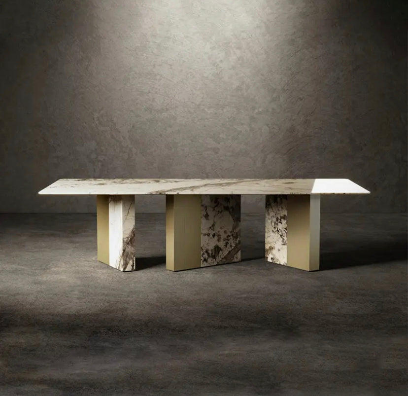 Luxury Postmodern Patagonia Marble Dining Table - Square Brass Base Modern Design