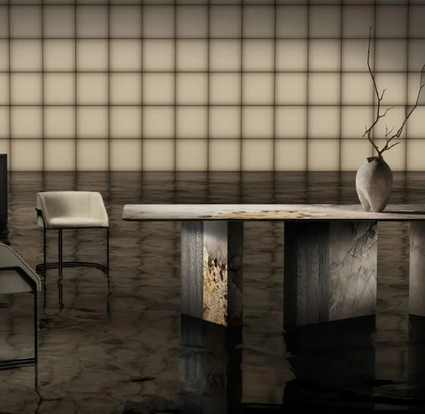 Luxury Postmodern Patagonia Marble Dining Table - Square Brass Base Modern Design