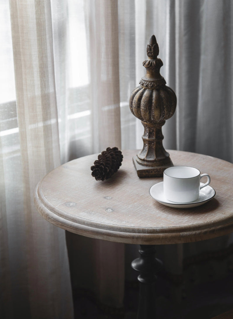 Scandinavian Modern Round Tea Table - Industrial Wood & Iron Accent Drink Table