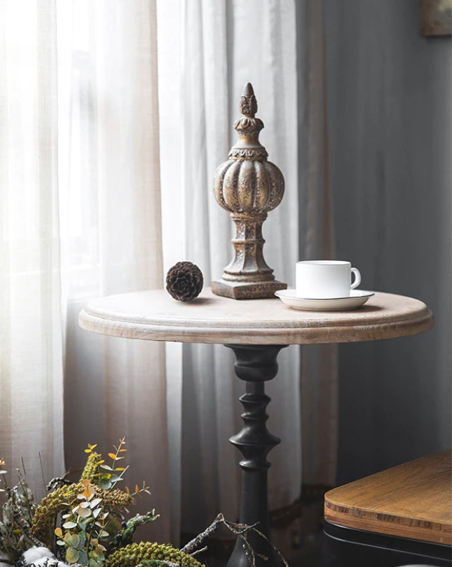 Scandinavian Modern Round Tea Table - Industrial Wood & Iron Accent Drink Table