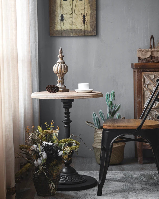 Scandinavian Modern Round Tea Table - Industrial Wood & Iron Accent Drink Table