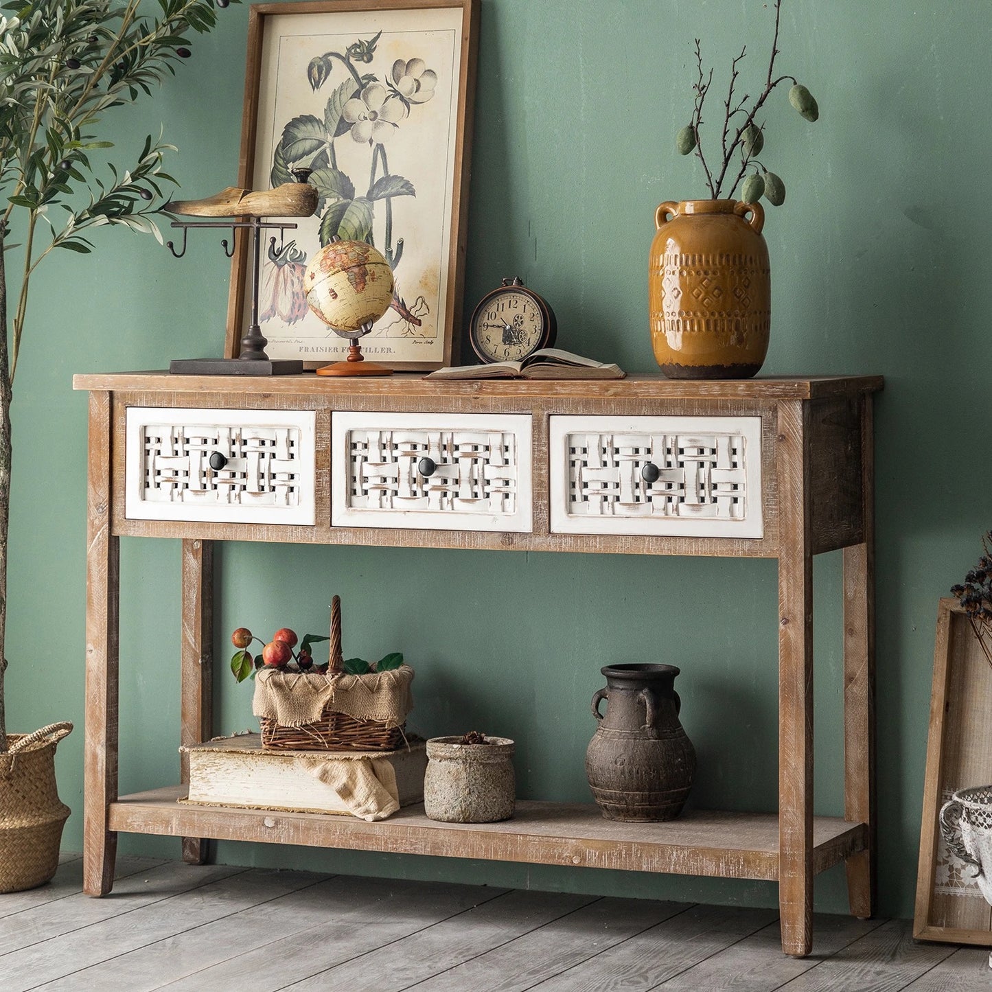TTWO Hallway Country Console Table - Solid Wood 3-Drawer Accent Table