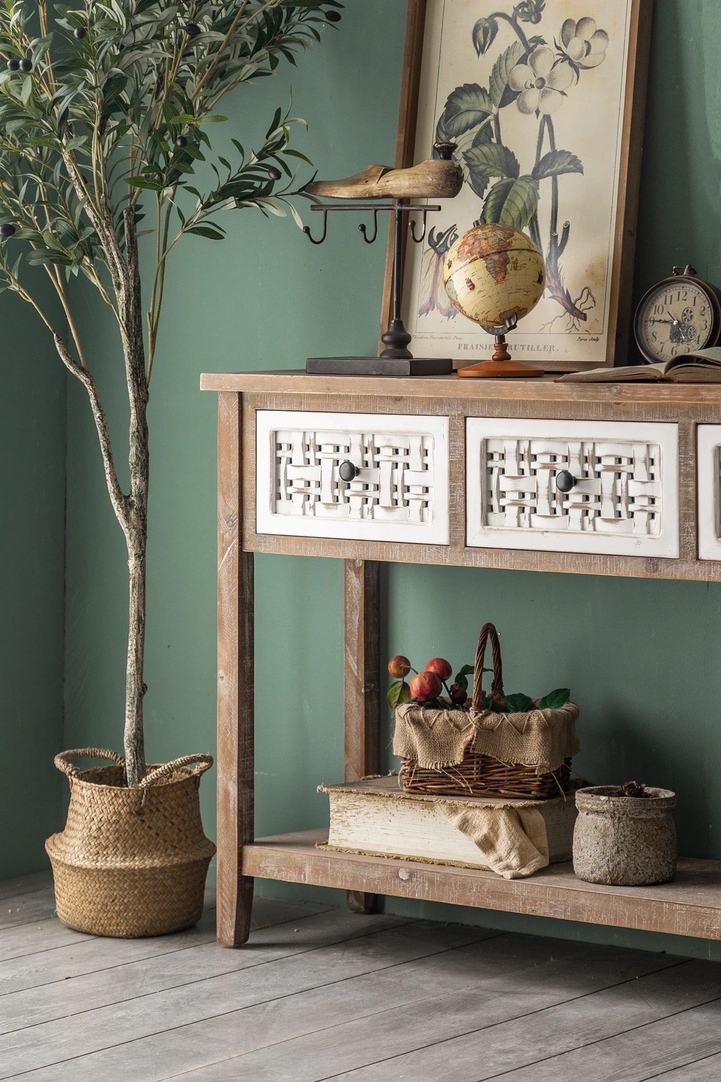 TTWO Hallway Country Console Table - Solid Wood 3-Drawer Accent Table