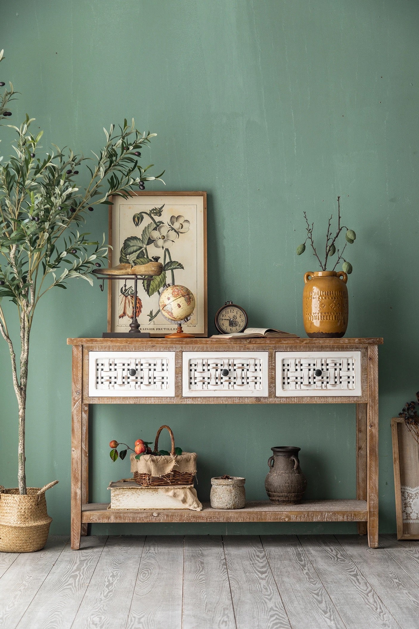 TTWO Hallway Country Console Table - Solid Wood 3-Drawer Accent Table