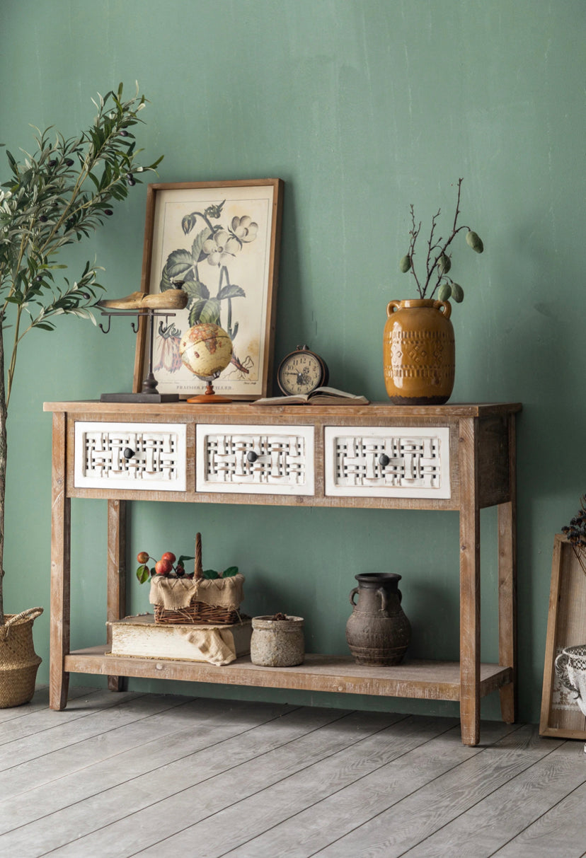 TTWO Hallway Country Console Table - Solid Wood 3-Drawer Accent Table