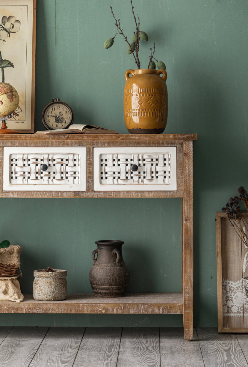 TTWO Hallway Country Console Table - Solid Wood 3-Drawer Accent Table