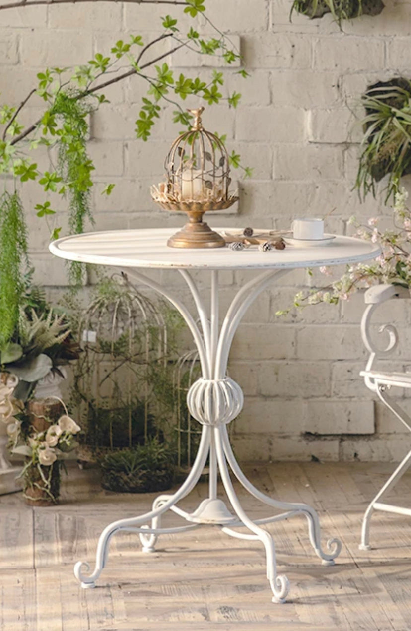 Retro White Iron Metal Tea Table - French Antique Adjustable Accent Outdoor, Indoor Drink Table