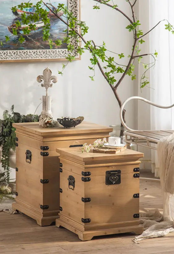 Rustic Fir Wood Nesting Accent End Table - Adjustable Low Square Tea Table