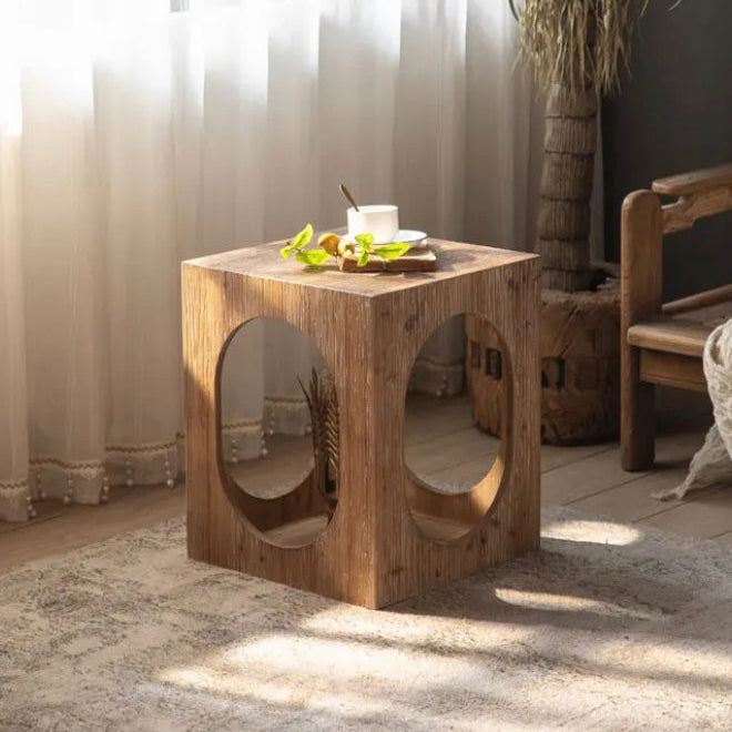Farmhouse Rustic Art Decor Furniture Solid Wood Side Table Four Sides Hollow Exquisite Tea Coffee Accent Table