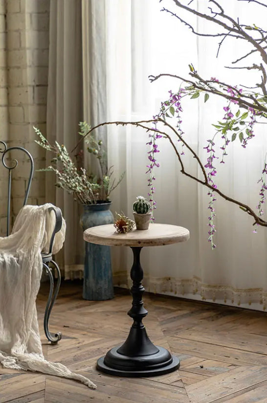 Scandinavian Modern Round Tea Table - Antique Wood & Iron Accent Table