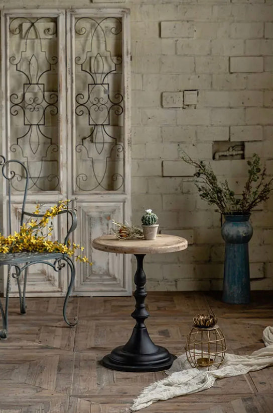 Scandinavian Modern Round Tea Table - Antique Wood & Iron Accent Table