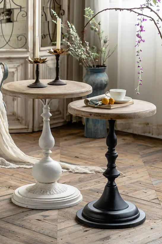 Scandinavian Modern Round Tea Table - Antique Wood & Iron Accent Table