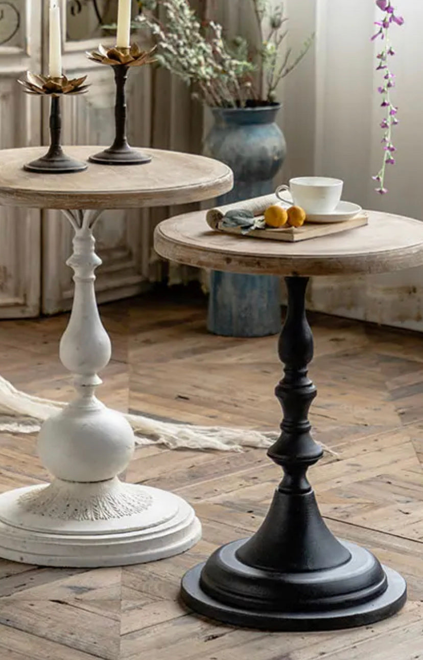 Scandinavian Modern Round Tea Table - Antique Wood & Iron Accent Table