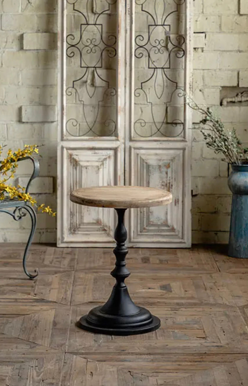 Scandinavian Modern Round Tea Table - Antique Wood & Iron Accent Table