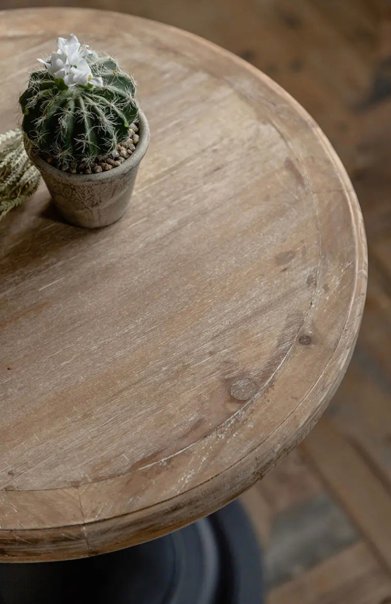Scandinavian Modern Round Tea Table - Antique Wood & Iron Accent Table