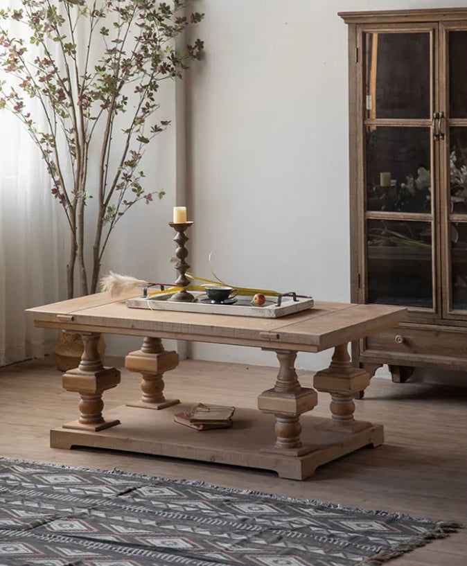 European Wood Rustic Tea Table - Adjustable Solid Wood Accent Table
