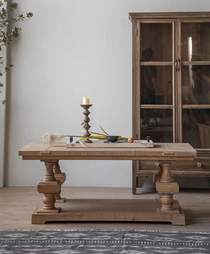 European Wood Rustic Tea Table - Adjustable Solid Wood Accent Table
