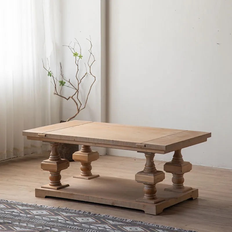 European Wood Rustic Tea Table - Adjustable Solid Wood Accent Table