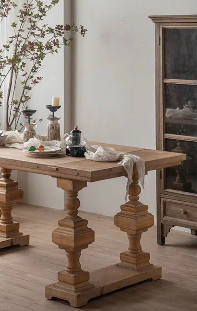 European Wood Rustic Tea Table - Adjustable Solid Wood Accent Table