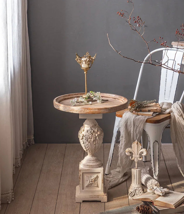 Roman Style Retro White Round Tea Table - Adjustable Wood & MgO Accent Table