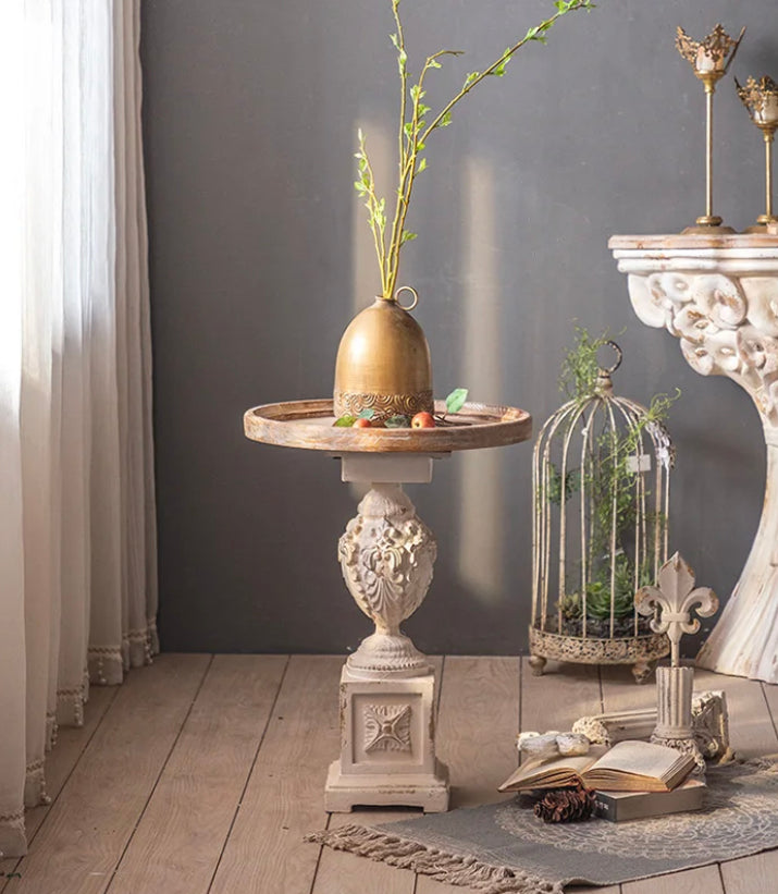 Roman Style Retro White Round Tea Table - Adjustable Wood & MgO Accent Table