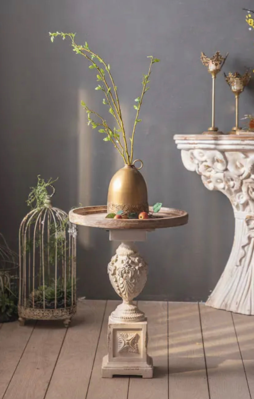 Roman Style Retro White Round Tea Table - Adjustable Wood & MgO Accent Table