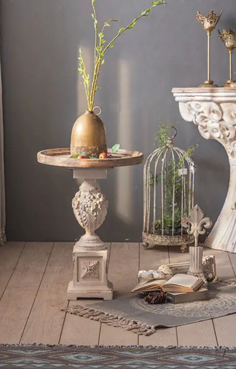 Roman Style Retro White Round Tea Table - Adjustable Wood & MgO Accent Table