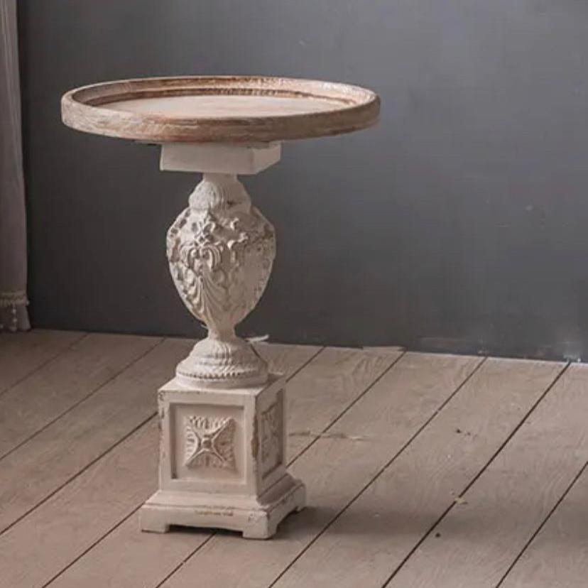 Roman Style Retro White Round Tea Table - Adjustable Wood & MgO Accent Table