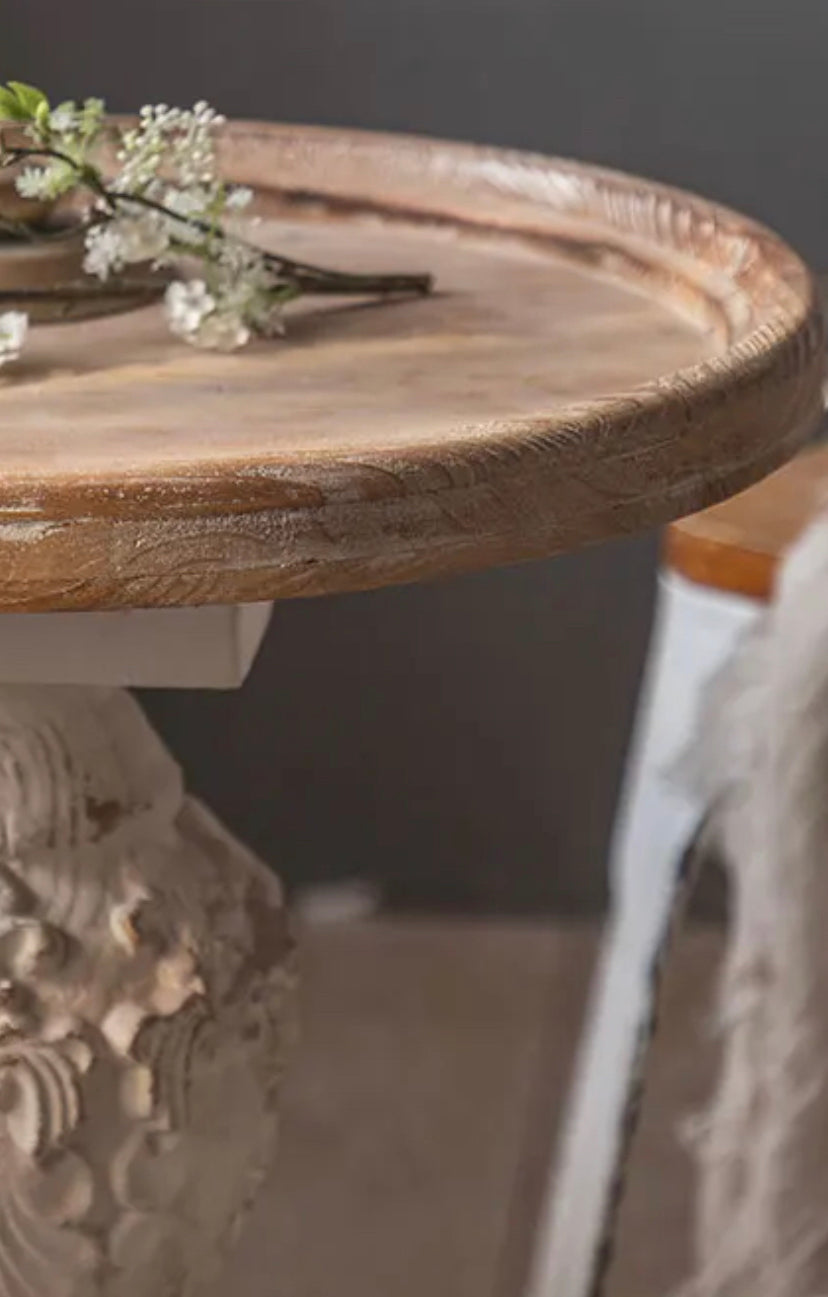 Roman Style Retro White Round Tea Table - Adjustable Wood & MgO Accent Table