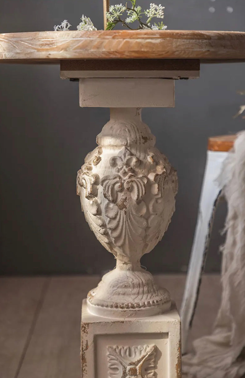 Roman Style Retro White Round Tea Table - Adjustable Wood & MgO Accent Table